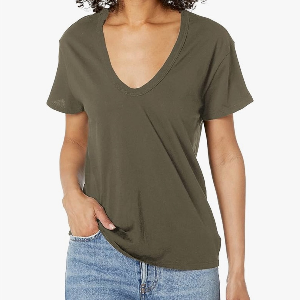 AG Adriano Goldschmied Khaki Green V-Neck Tee Cotton Size Small